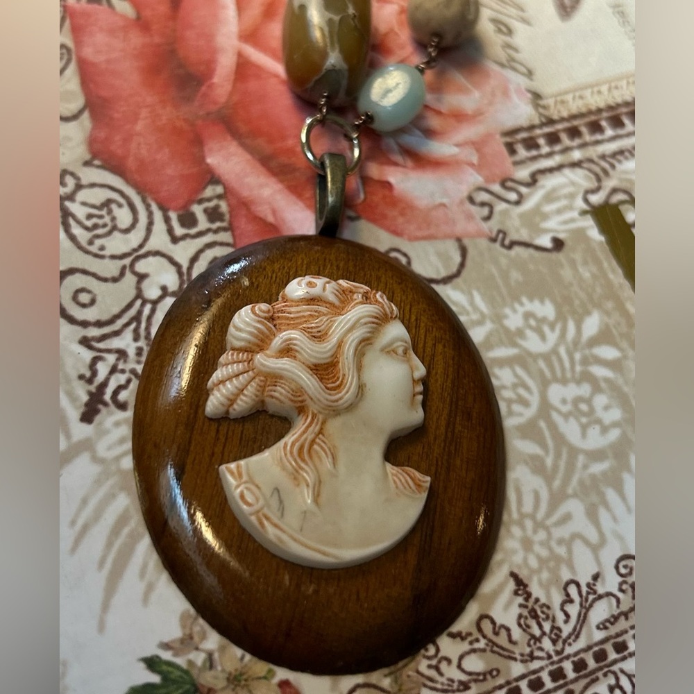 Hand Crafted Vintage Wood Cameo Necklace with pearls and gem beads
